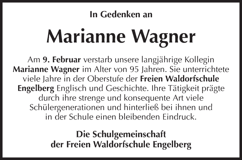  Traueranzeige für Marianne Wagner vom 30.03.2021 aus Waiblinger Kreiszeitung