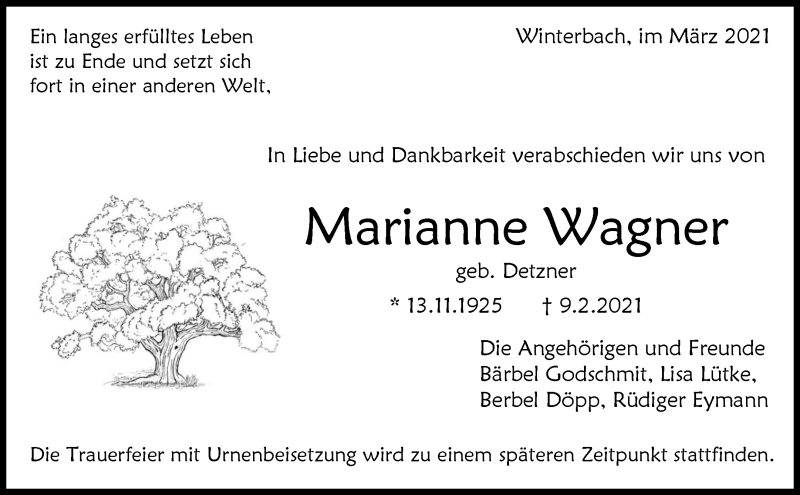  Traueranzeige für Marianne Wagner vom 03.03.2021 aus Waiblinger Kreiszeitung