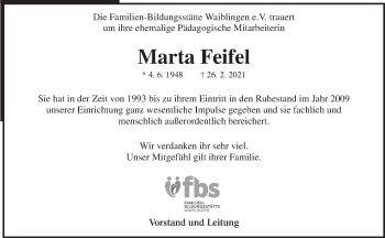 Traueranzeige von Marta Feifel von Waiblinger Kreiszeitung
