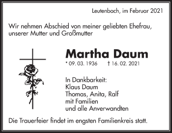 Traueranzeige von Martha Daum von Waiblinger Kreiszeitung
