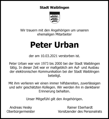 Traueranzeige von Peter Urban von Waiblinger Kreiszeitung