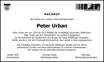 Traueranzeige von Peter Urban von Waiblinger Kreiszeitung