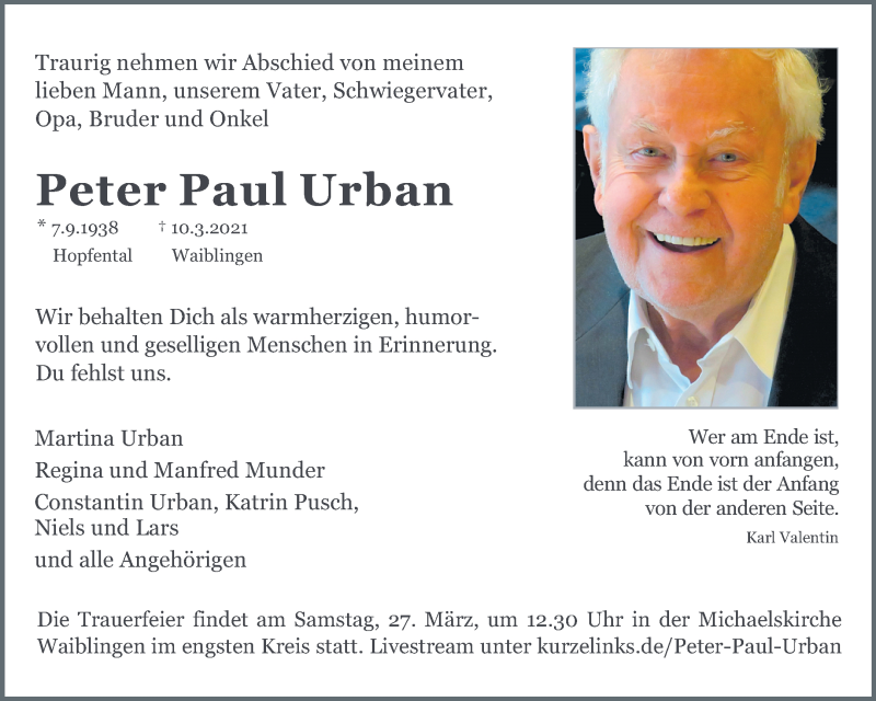  Traueranzeige für Peter Paul Urban vom 17.03.2021 aus Waiblinger Kreiszeitung
