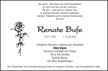 Traueranzeige von Renate Bufe von Waiblinger Kreiszeitung