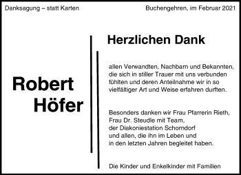 Traueranzeige von Robert Höfer von Waiblinger Kreiszeitung