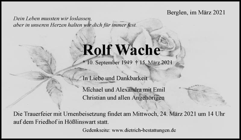  Traueranzeige für Rolf Wache vom 20.03.2021 aus Waiblinger Kreiszeitung