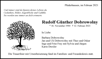 Traueranzeige von Rudolf Günther Dobrowolny von Waiblinger Kreiszeitung