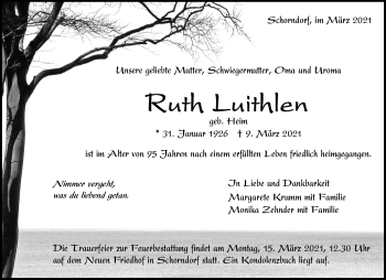 Traueranzeige von Ruth Luithlen von Waiblinger Kreiszeitung