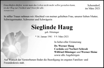 Traueranzeige von Sieglinde Haug von Waiblinger Kreiszeitung