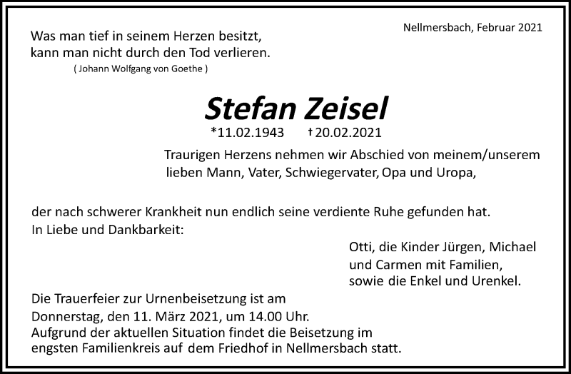  Traueranzeige für Stefan Zeisel vom 06.03.2021 aus Waiblinger Kreiszeitung