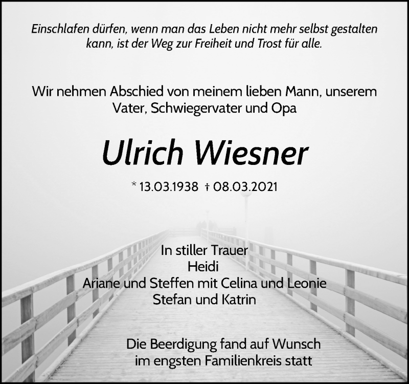  Traueranzeige für Ulrich Wiesner vom 26.03.2021 aus Waiblinger Kreiszeitung