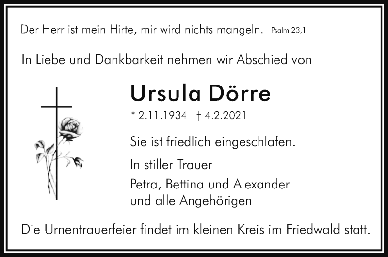  Traueranzeige für Ursula Dörre vom 06.03.2021 aus Waiblinger Kreiszeitung