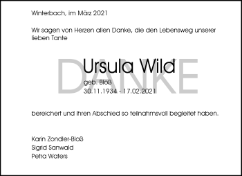 Traueranzeige von Ursula Wild von Waiblinger Kreiszeitung