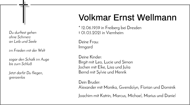 Traueranzeige für Volkmar Ernst Wellmann vom 09.03.2021 aus Waiblinger Kreiszeitung