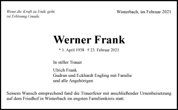 Traueranzeige von Werner Frank von Waiblinger Kreiszeitung