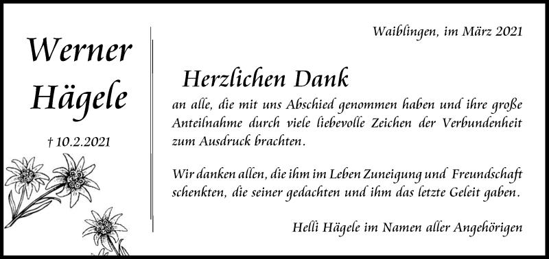  Traueranzeige für Werner Hägele vom 06.03.2021 aus Waiblinger Kreiszeitung