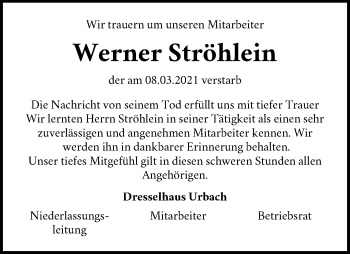 Traueranzeige von Werner Ströhlein von Waiblinger Kreiszeitung