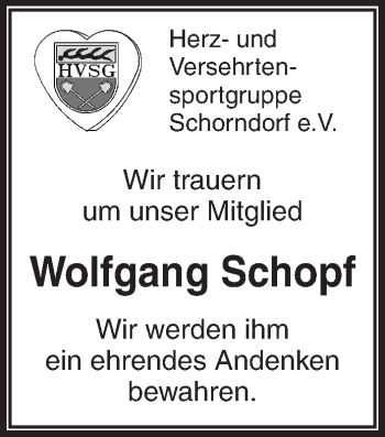 Traueranzeige von Wolfgang Schopf von Waiblinger Kreiszeitung