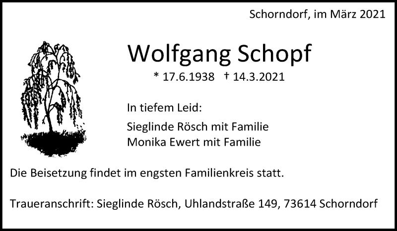  Traueranzeige für Wolfgang Schopf vom 17.03.2021 aus Waiblinger Kreiszeitung