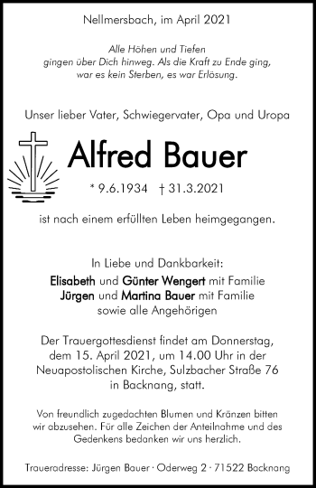 Traueranzeige von Alfred Bauer von Waiblinger Kreiszeitung