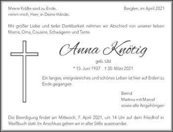 Traueranzeige von Anna Knötig von Waiblinger Kreiszeitung