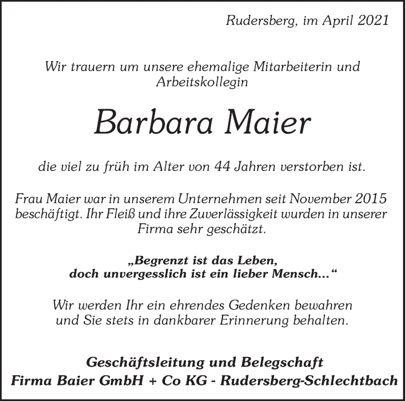 Traueranzeige für Barbara Maier vom 15.04.2021 aus Waiblinger Kreiszeitung