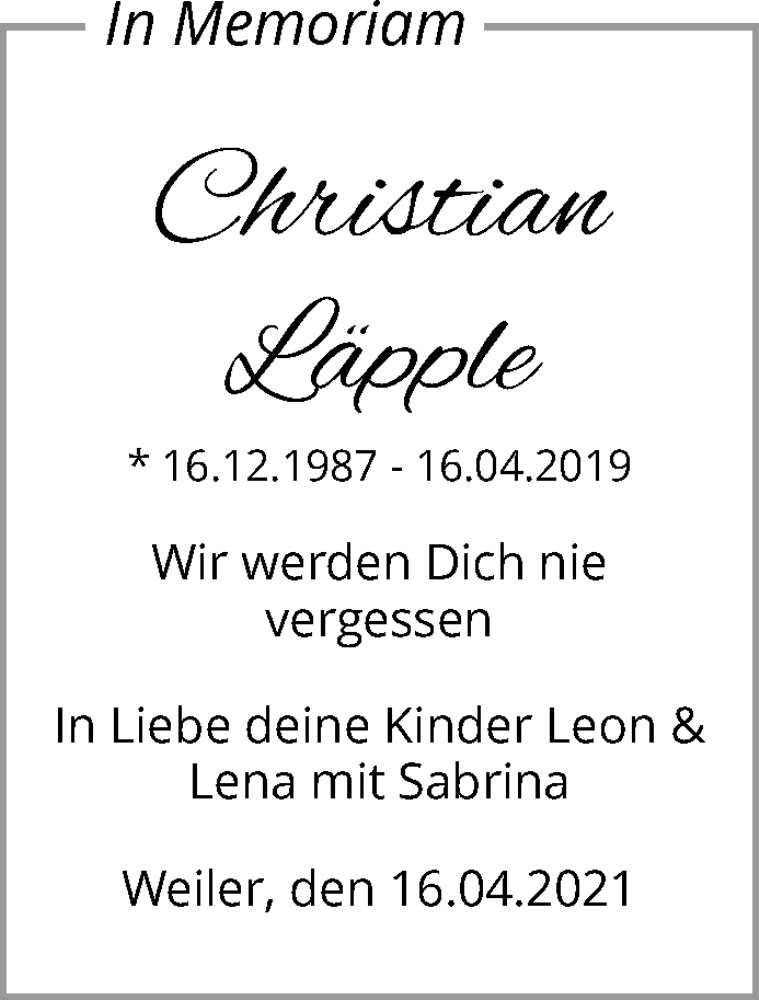  Traueranzeige für Christian Läpple vom 16.04.2021 aus Waiblinger Kreiszeitung