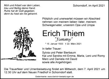 Traueranzeige von Erich Thiem von Waiblinger Kreiszeitung