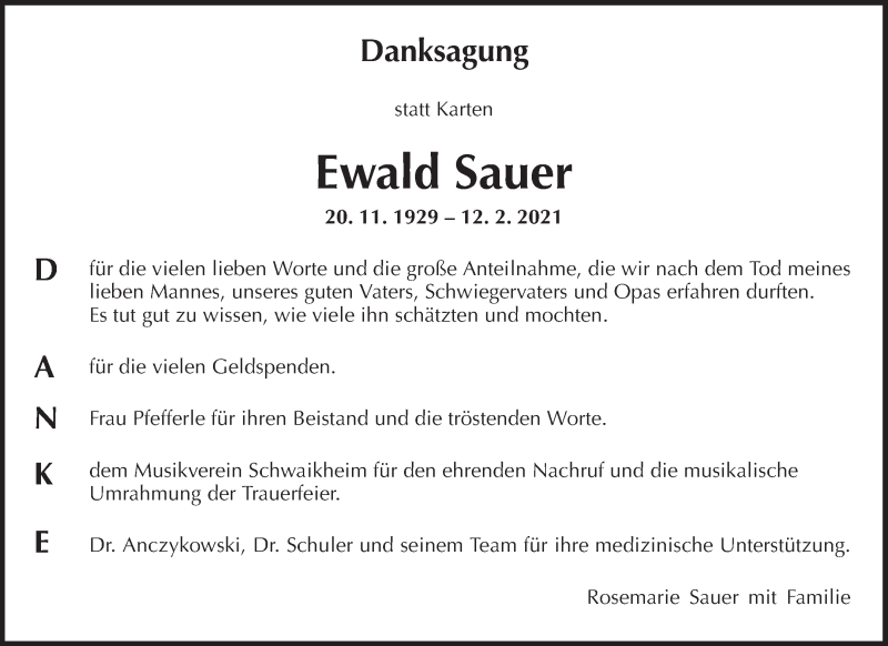  Traueranzeige für Ewald Sauer vom 15.04.2021 aus Waiblinger Kreiszeitung