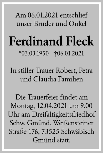 Traueranzeige von Ferdinand Fleck von Waiblinger Kreiszeitung