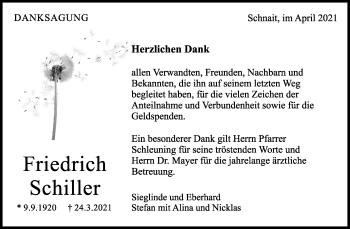 Traueranzeige von Friedrich Schiller von Waiblinger Kreiszeitung