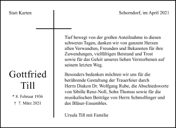 Traueranzeige von Gottfried Till von Waiblinger Kreiszeitung