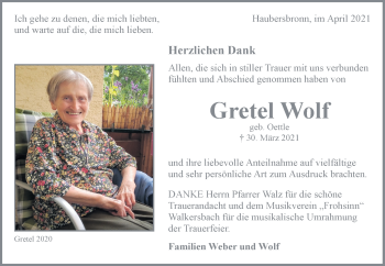 Traueranzeige von Gretel Wolf von Waiblinger Kreiszeitung