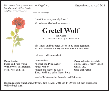 Traueranzeige von Gretel Wolf von Waiblinger Kreiszeitung