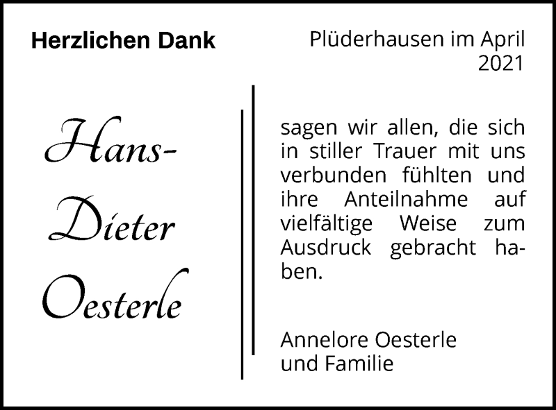  Traueranzeige für Hans-Dieter Oesterle vom 20.04.2021 aus Waiblinger Kreiszeitung