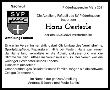 Traueranzeige von Hans Oesterle von Waiblinger Kreiszeitung