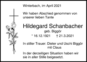 Traueranzeige von Hildegard Schanbacher von Waiblinger Kreiszeitung