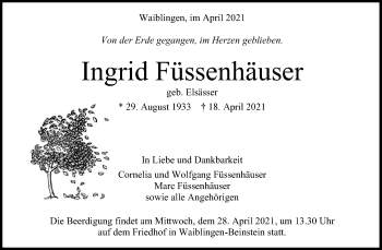 Traueranzeige von Ingrid Fussenhäuser von Waiblinger Kreiszeitung