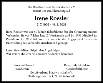 Traueranzeige von Irene Roesler von Waiblinger Kreiszeitung