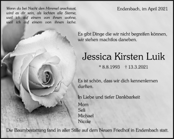 Traueranzeige von Jessica Kirsten Luik von Waiblinger Kreiszeitung
