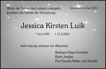Traueranzeige von Jessica Kirsten Luik von Waiblinger Kreiszeitung