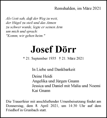 Traueranzeige von Josef Dörr von Waiblinger Kreiszeitung
