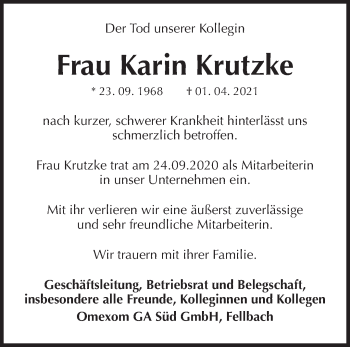 Traueranzeige von Karin Krutzke von Waiblinger Kreiszeitung