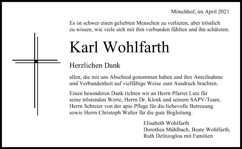  Traueranzeige für Karl Wohlfarth vom 20.04.2021 aus Waiblinger Kreiszeitung