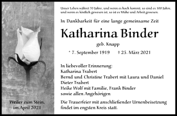 Traueranzeige von Katharina Binder von Waiblinger Kreiszeitung