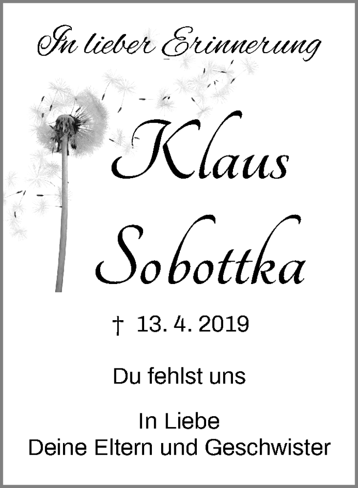  Traueranzeige für Klaus Sobottka vom 13.04.2021 aus Waiblinger Kreiszeitung