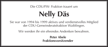Traueranzeige von Nelly Däs von Waiblinger Kreiszeitung