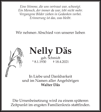 Traueranzeige von Nelly Däs von Waiblinger Kreiszeitung