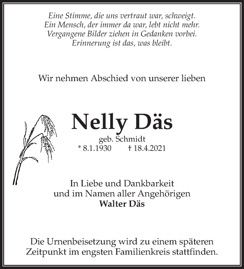  Traueranzeige für Nelly Däs vom 22.04.2021 aus Waiblinger Kreiszeitung