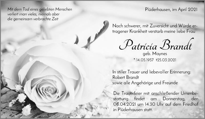  Traueranzeige für Patricia Brandt vom 03.04.2021 aus Waiblinger Kreiszeitung